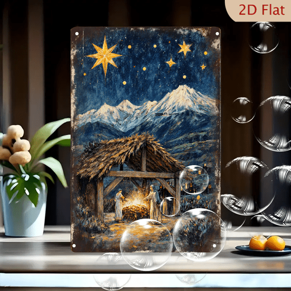 Rustic Nativity Scene Metal Wall Art, 8x12 Inches Vintage Folk Art Painting with Star of Bethlehem, Snowy Mountains & Stable for Christmas Home Decor