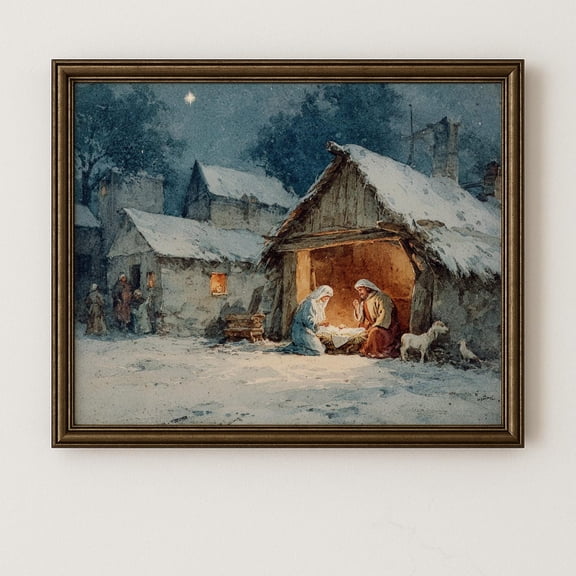 Rustic Nativity Scene Wall Art Print With Serene Christmas Manger Decor