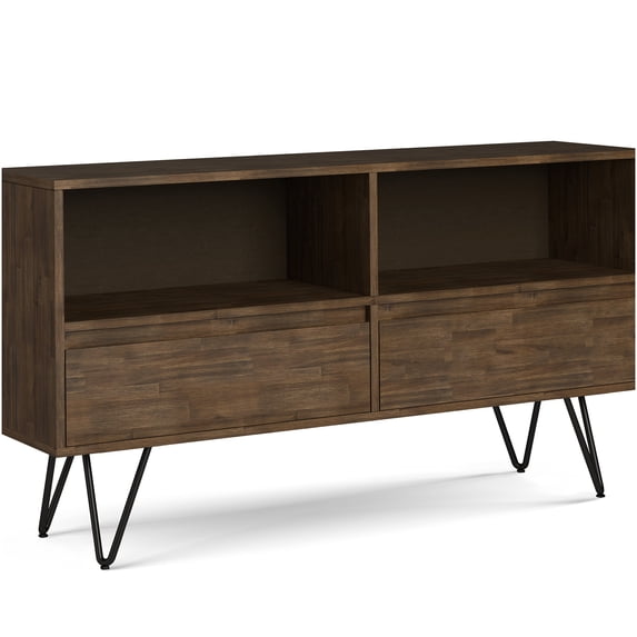 Rustic Natural Aged Brown Low Bookcase, Dark Brown Solid Wood Storage Cabinet with Drawers