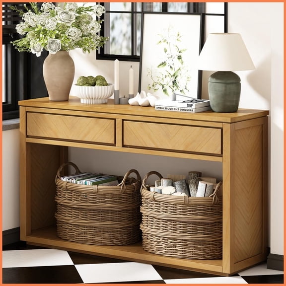 Rustic Natural Chevron Coffee Table with 2 Drawers & Open Shelf Spacious Storage for Living Room