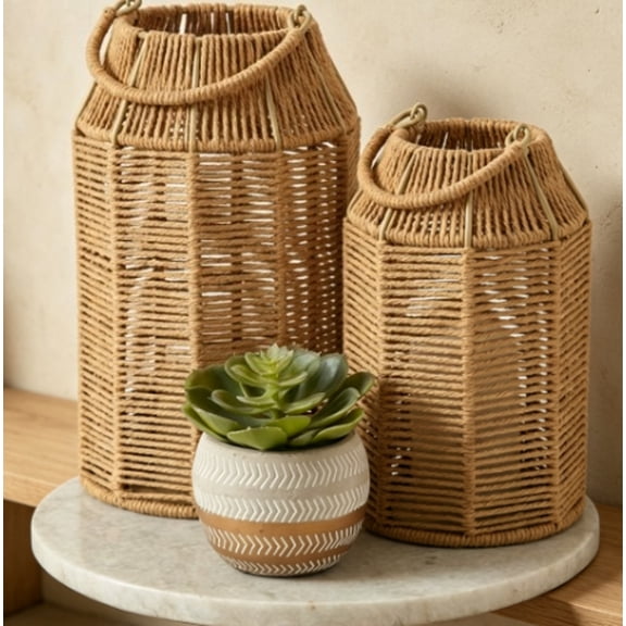 Rustic Natural Jute Lanterns, Boho Handcrafted Farmhouse Home Decor, Elegant Tabletop Ornament Perfect for Living Room, Kitchen, Dining Area, Patio and Front Porch Decoration