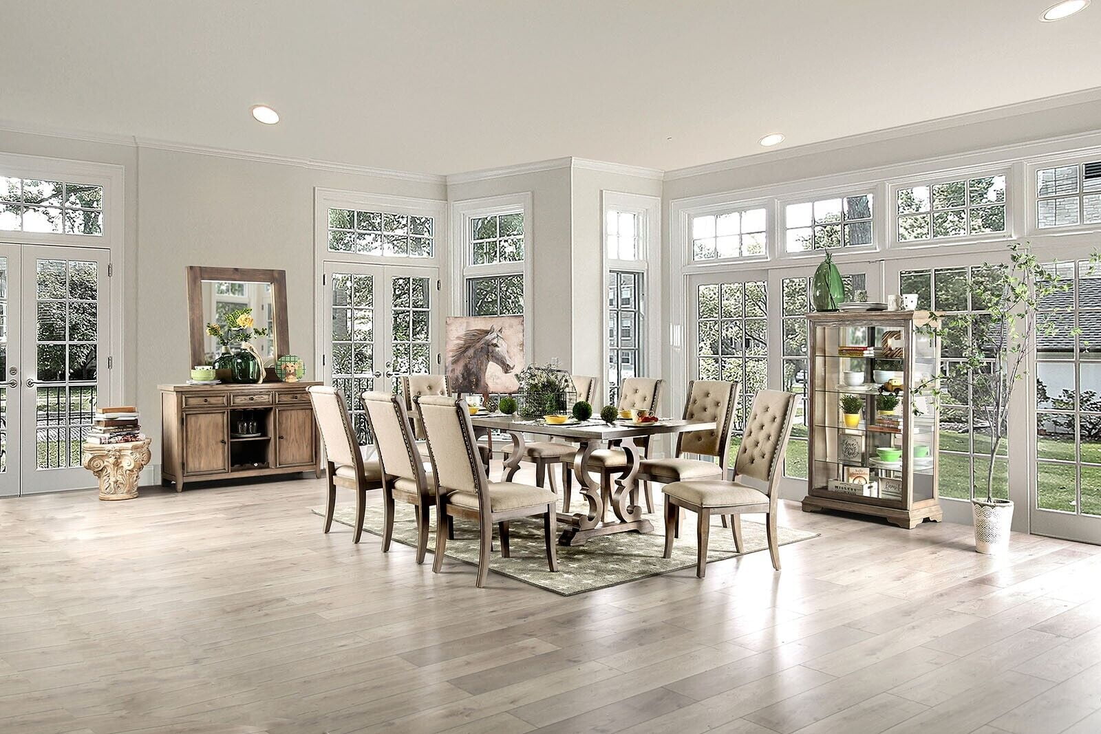 Rustic Natural Tone Beige 9pc Dining Set Dining Table 8x Side Chair ...