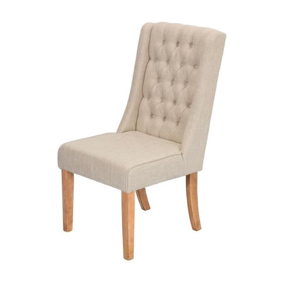 Rustic Natural Wood Dining Chairs Upholstered with Beige Linen Fabric (Set of 2)