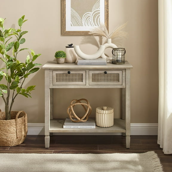 Rustic Natural Wood Finish Console with 2 Rattan Drawers