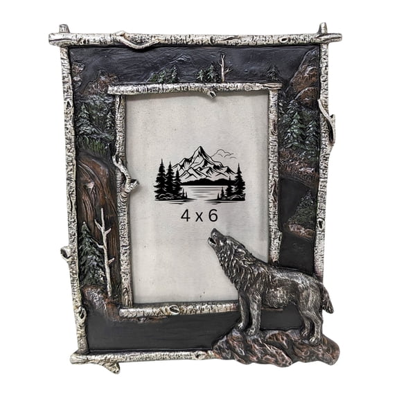 Rustic Nature Photo Frame with Wolf Accent | Faux Branch Tabletop Decor | Unique Woodland Picture Frame for Wildlife Photos