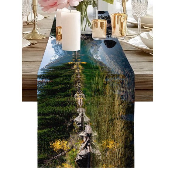 Rustic Nature Table Runners 108 Inches Long Snow Mountain Lake Reflection Pine Trees Kitchen Dining Table Runner Dresser Scarves for Party Coffee Holiday Party Decor