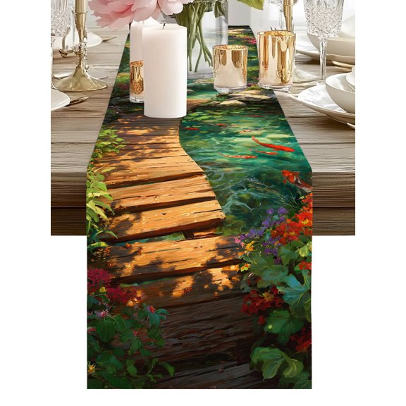 Rustic Nature Table Runners 36 Inches Long Forest Wooden Path Bridge Floral Kitchen Dining Table Runner Dresser Scarves for Party Coffee Holiday Party Decor