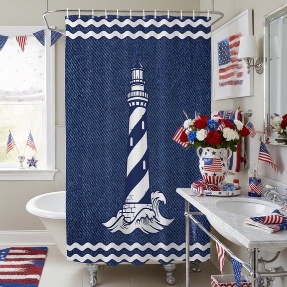 Rustic Nautical Lighthouse Blue Shower Curtain for Bathroom, Classic Denim Marine Theme Waterproof Shower Curtains Washable Quick Dry with Hooks Bathtub Curtains 72x72IN