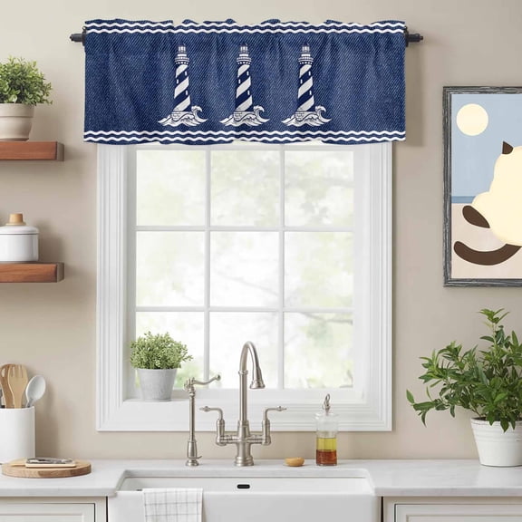 Rustic Nautical Lighthouse Blue Valances for Windows,Kitchen Valance Rod Pocket Short Curtain, Classic Denim Marine Theme Valance Curtain Window Valances for Bedroom Bathroom Living Room 54x18in