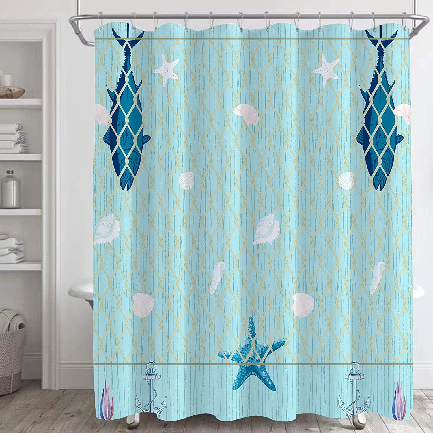 Rustic Nautical Shower Curtain,Lighthouse Sailing Beach Bathroom Shower Curtains,Navy Blue Coastal Bath Curtains Sets with 12 Hooks 72x72in,Waterproof Fabric