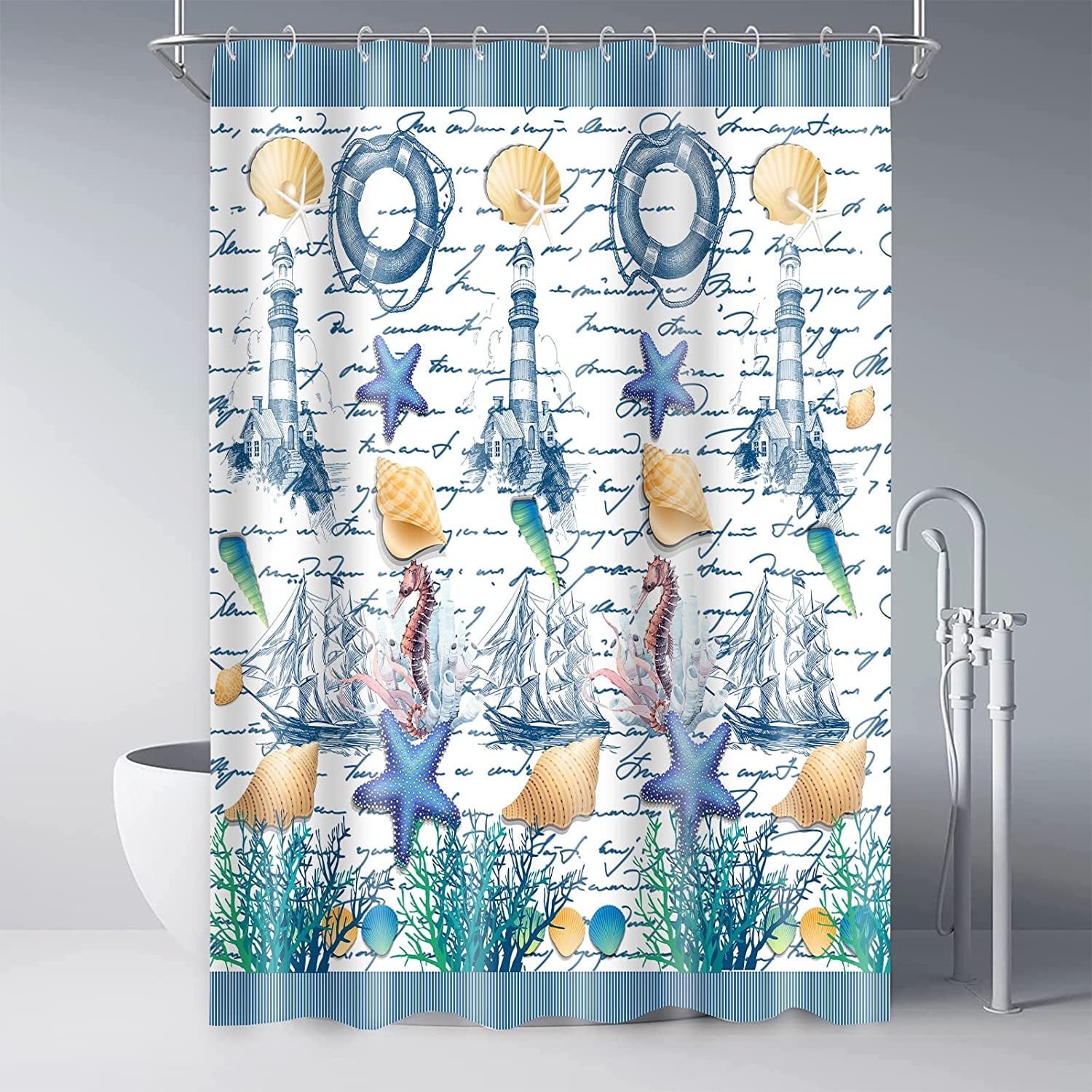 Rustic Nautical Shower Curtain,Lighthouse Sailing Beach Bathroom Shower Curtains,Navy Blue Coastal Bath Curtains Sets with 12 Hooks 72x72in,Waterproof Fabric
