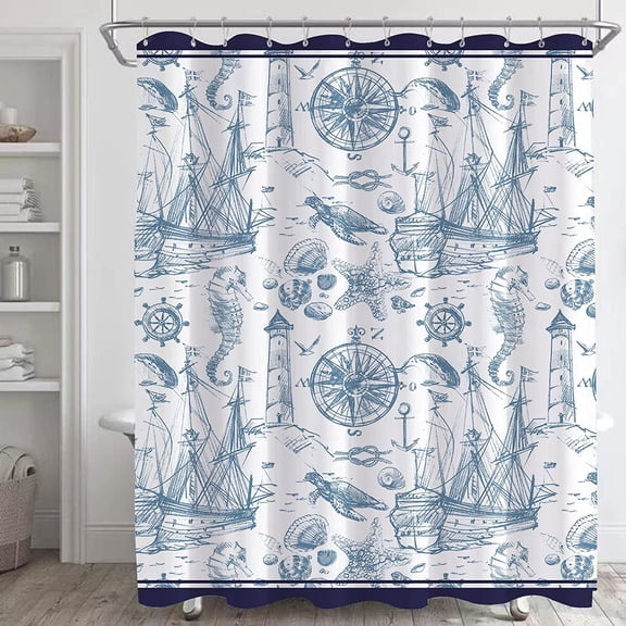 Rustic Nautical Shower Curtain,Lighthouse Sailing Beach Bathroom Shower Curtains,Navy Blue Coastal Bath Curtains Sets with 12 Hooks 72x72in,Waterproof Fabric