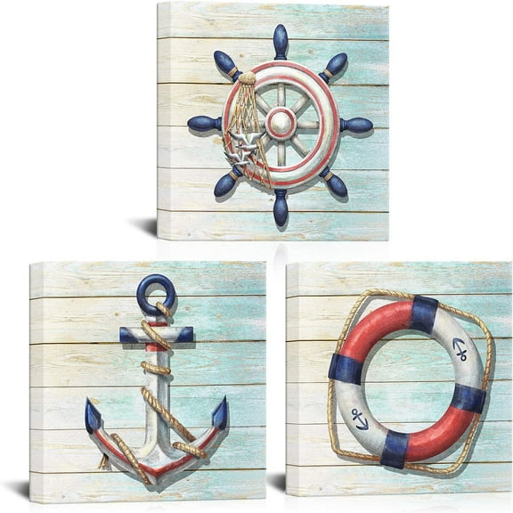 Rustic Nautical Wall Art Anchor Boat Painting Artwork Helm Drawing Pictures Prints Life buoy Decorations for Bathroom