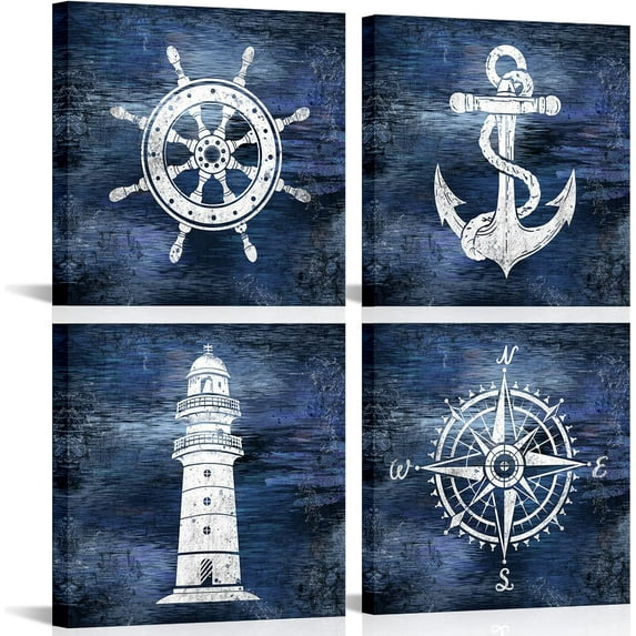 Rustic Nautical Wall Art Boat Anchor Paintings Helm Drawing Compass Print Lighthouse Home Decor Pictures Navy Blue Artwork for Bathroom Living Room Ready to Hang 12x12 Inchx4 Piece