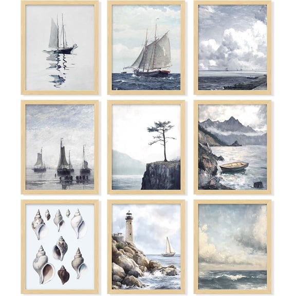 Rustic Nautical Wall Decor - Vintage Nautical Wall Art, Farmhouse Coastal Prints Ship Painting, Vintage Beach Posters Ocean Art Prints Sailboat Pictures For Home Bedroom (8x10 Unframed)
