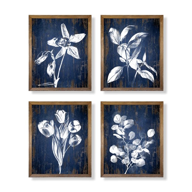Rustic Navy Blue Botanical Wall Art Vintage Flower Poster Picture