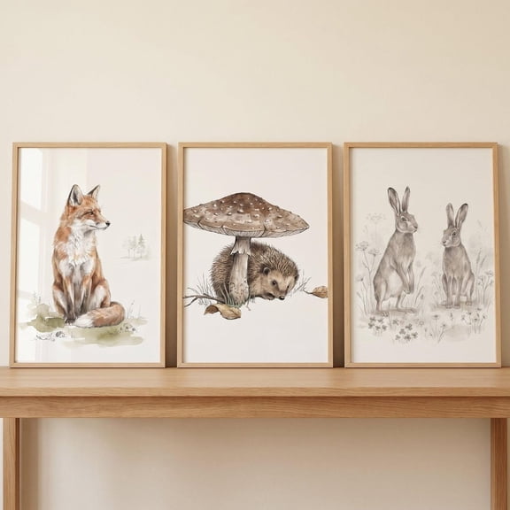 Rustic Neutral Forest Animals Wall Art Set of 3 Woodland Nursery Decor Watercolor Fox Art Hedgehog Hare Print Cottagecore Nature Decor Set 3