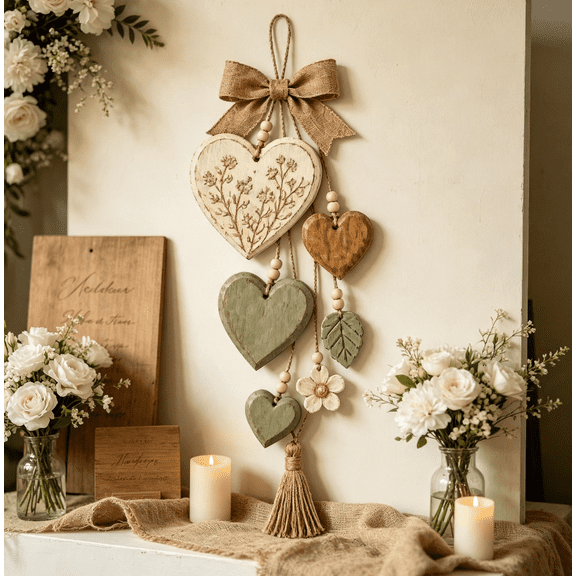 Rustic Neutral Hanging Heart Wall Decor, MultiHearts Wooden Wall Hanging with Flower Leaf Accents, Jute Tassel Farmhouse Wall Art, Boho Decor for Wedding & Daily Home Use
