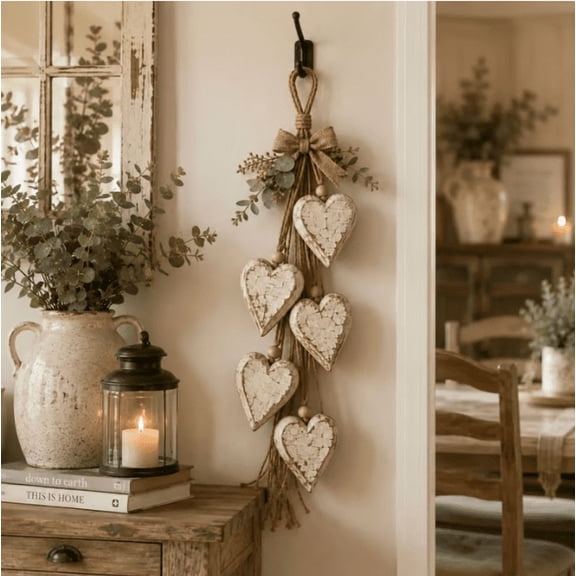 Rustic Neutral Hanging Heart Wall Decor, Ocean Themed Five Hearts Wall Hanging, Rustic Wooden Bead Coastal Decor for Beach House & Entryway
