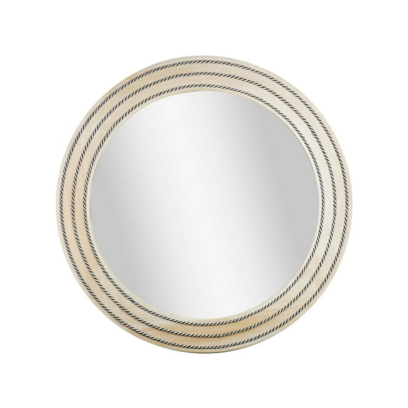 Rustic Neutral Wood Framed Round Wall Mirror With Inlaid Rope