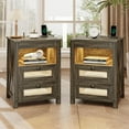 thumbnail image 1 of Rustic Night Stand Set 2 with Gun Drawer, Bedside Table with Charging Station, LED End Table with Human Sensor Light, Rattan Nightstand for Bedroom, 1 of 8