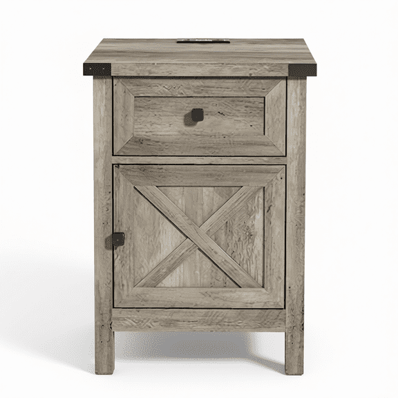 Rustic Nightstand with Charging Station, Barn Door and Drawer, Storage Bedside Table for Bedroom Living Room, Farmhouse End Table with USB Ports and Outlets, Grey