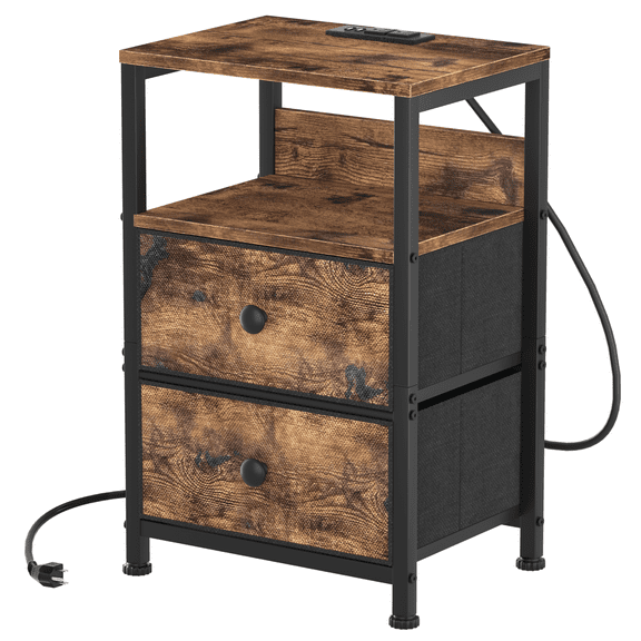 Rustic Nightstand with Charging Station, End Table with Storage Fabric Drawer and Shelf, Side Table with USB Ports and Outlets for Small Spaces Bedroom Living Room , 15.7”L*12”W*24.4”H, Rustic Brown