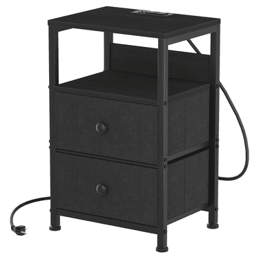 Rustic Nightstand with Charging Station, End Table with Storage Fabric Drawer and Shelf, Side Table with USB Ports and Outlets for Small Spaces Bedroom Living Room , 15.7”L*12”W*24.4”H, Black