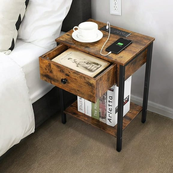 Rustic Nightstand with Drawer & Charging Station USB Side End Tables for Bedroom