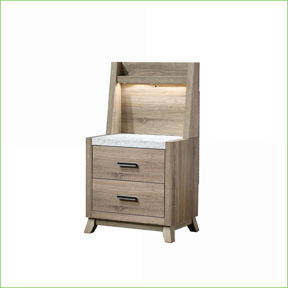 Rustic Nightstand with Faux Stone Top, LED Light & 2 Drawers