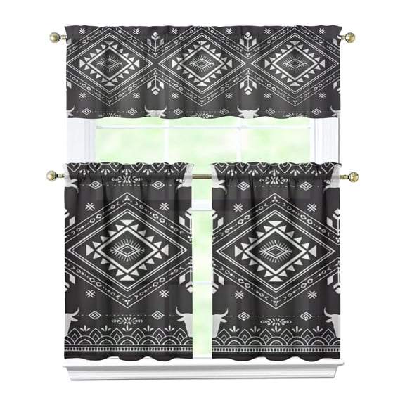 Rustic Nordic Kitchen Curtains 3 Piece Set - Boho Bohemian Tier & Valance for Caf Windows