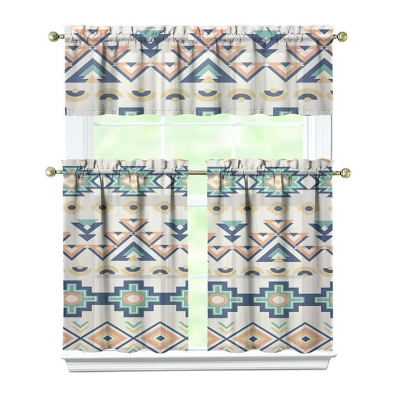 Rustic Nordic Kitchen Curtains 3 Piece Set - Boho Bohemian Tier & Valance for Caf Windows
