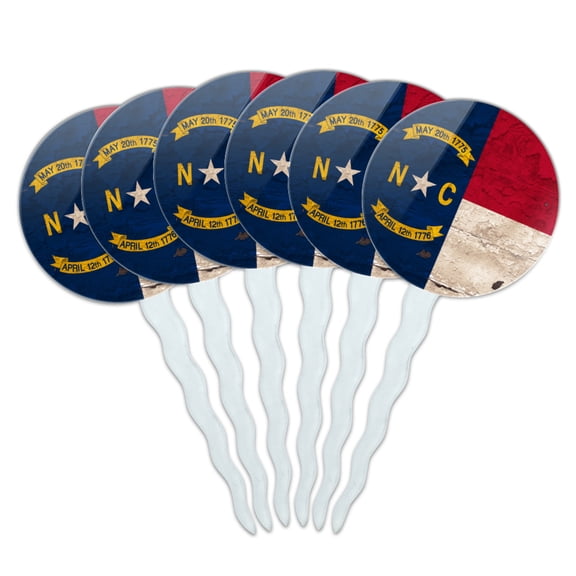 Rustic North Carolina State Flag Distressed USA Cupcake Picks Toppers Decoration Set of 6