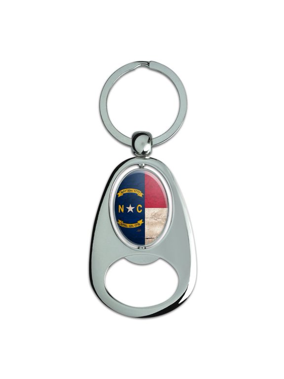 Rustic North Carolina State Flag Distressed USA Keychain Chrome Metal Spinning Oval Bottle Opener