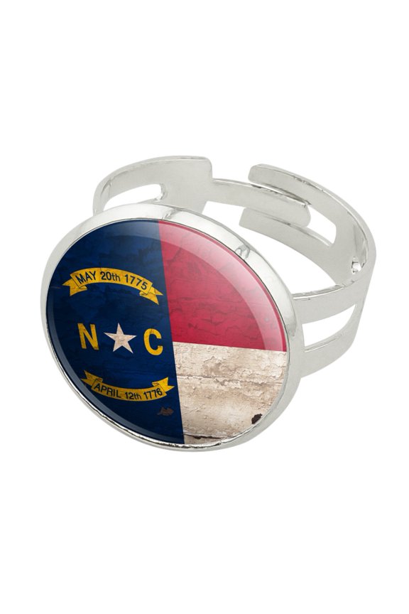 Rustic North Carolina State Flag Distressed USA Silver Plated Adjustable Novelty Ring