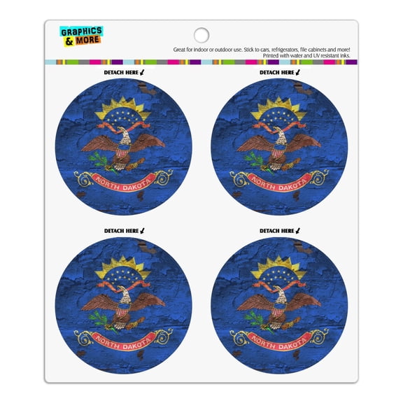 Rustic North Dakota State Flag Distressed USA Refrigerator Fridge Locker Vinyl Circle Magnet Set