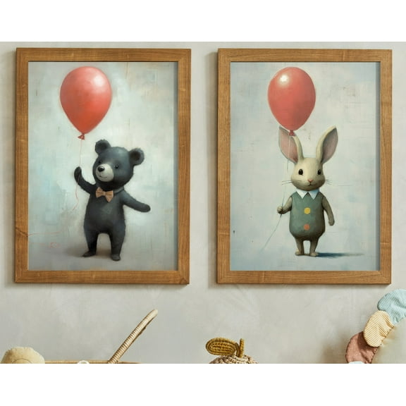 Rustic Nursery Decor, Baby Room Decor, Bunny And Bear Holding Balloons, Animal Nursery Art, Cute Childs Room Decor, Art Wall Art, Modern Wall Decor, 12x18 UNFRAMED