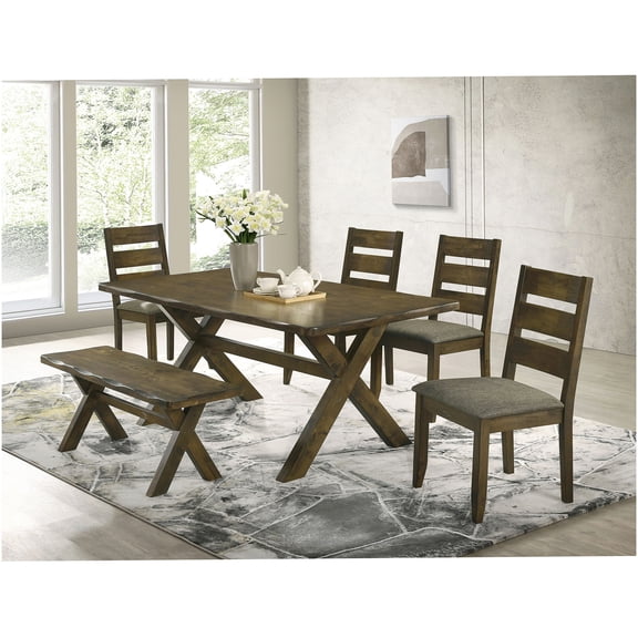 Rustic Nutmeg 6-Piece Wood Dining Set with Table, 4 Chairs, and Bench for 6-Seater Dining Room