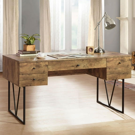 Rustic Nutmeg Brown 4-Drawer Writing Desk - 63"W Industrial Style Desk with Metal Legs, 28.75"D X 30.5"H