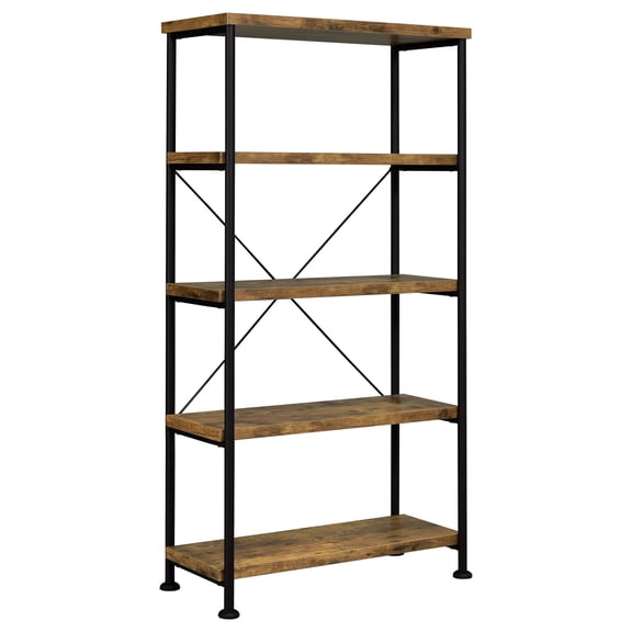 Rustic Nutmeg Wood And Metal 4-Tier Open Shelf Bookcase With X-Back Bracing Rectangular Frame Home Office