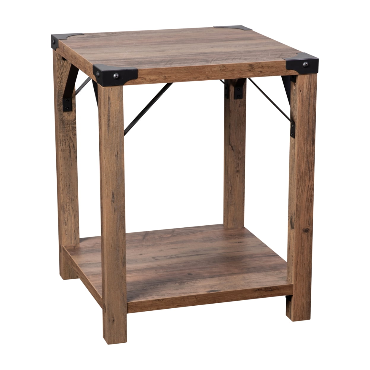 Rustic Oak Square End Table with Metal Accents