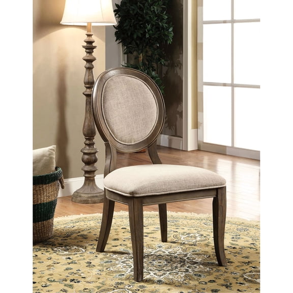 Rustic Oak And Beige Side Chairs, Of 2, Padded Fabric Seat, Transitional Dining Room Style Design