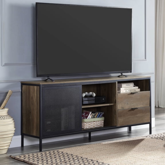 2 Rustic Oak And Black Tv Console - Metal Support, Suits 60-inch Tv, Organized Space Stand For Home Frame, Storage Options
