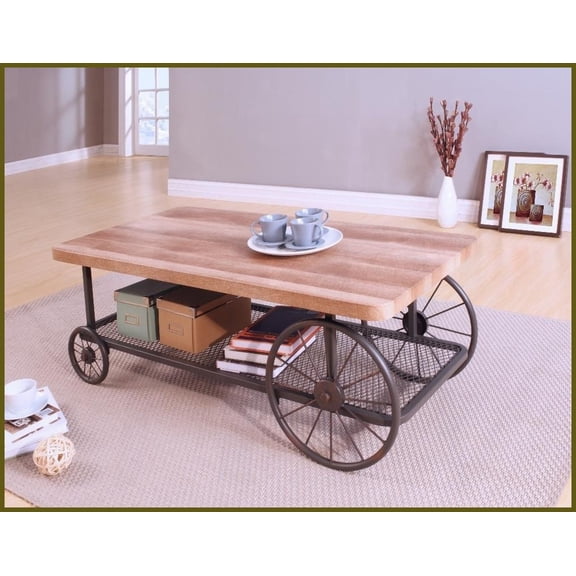 Rustic Oak & Antique Gray Coffee Table for Living Room Industrial Charm with Open Storage Shelf