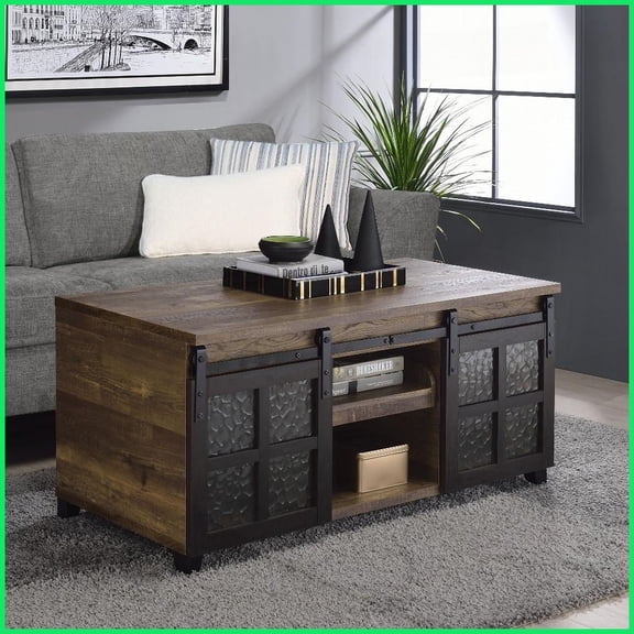 Rustic Oak & Black Coffee Table with Sliding Glass Doors  Space-Saving Storage for Living Room