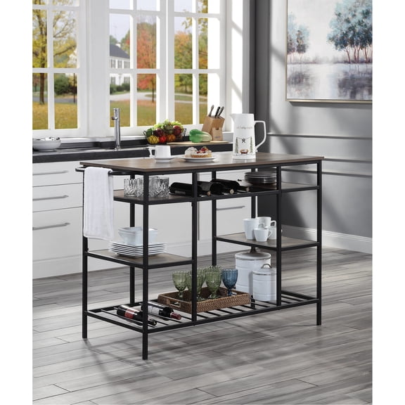 Rustic Oak & Black Finish Kitchen Island With Space Design Style 11"l X 11"w 11"h Middle Shelf Space