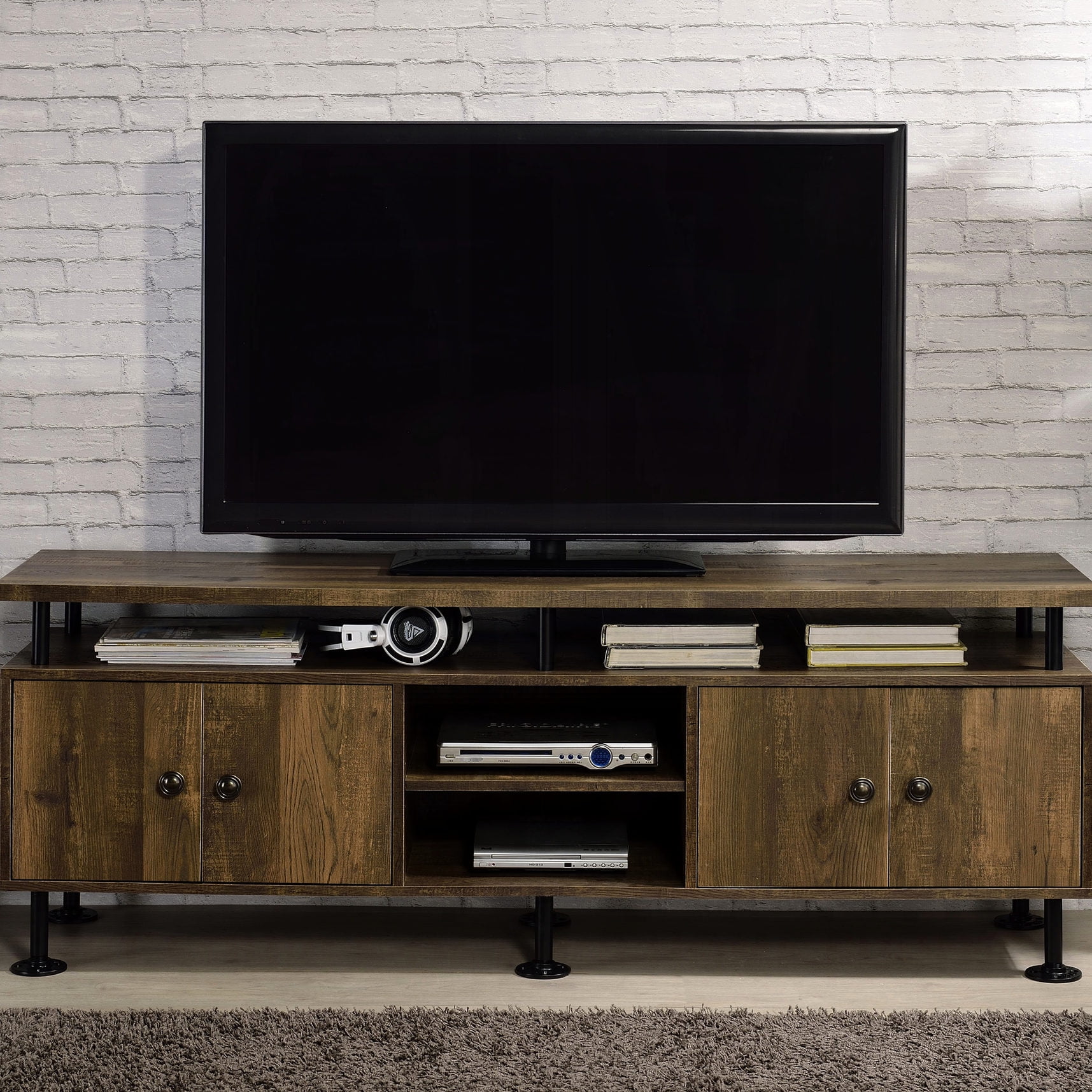 Rustic Oak & Black TV Stand, 2 Shelves, Fits 60-Inch TV | Four Open ...
