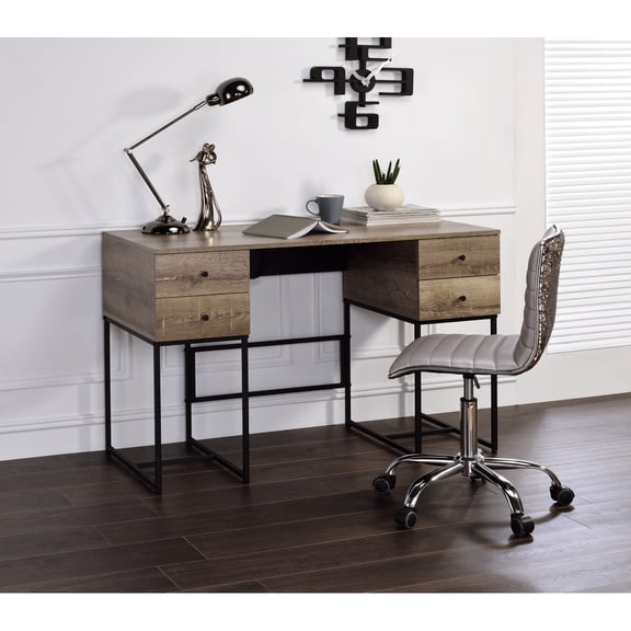Rustic Oak Black Writing Desk with USB Port 4 Storage Drawers Metal Sled Base