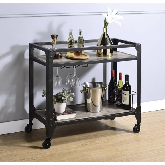 Rustic Oak & Charcoal Serving Cabinet - Generous Interior Storage, Wine Bottle And Stemware Holder Charcoal Cart With Details Spacious Storage For Entertaining Needs