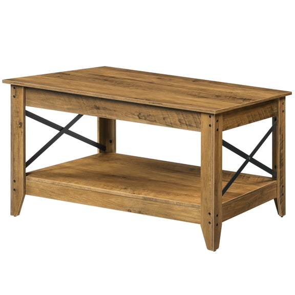 Rustic Oak Coffee Table - 39.4-Inch 2-Tier Cocktail Center Table with X-Shaped Side Frames and 2 Storage Shelves | Perfect for Living Room and Apartment Decor